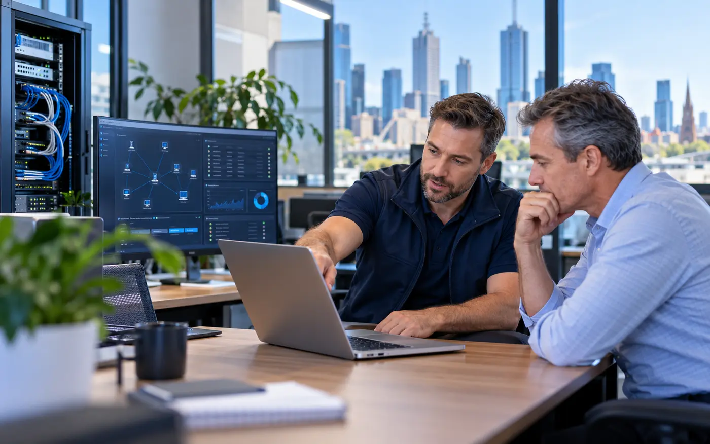 IT consultant diagnosing a business network problem with a client
